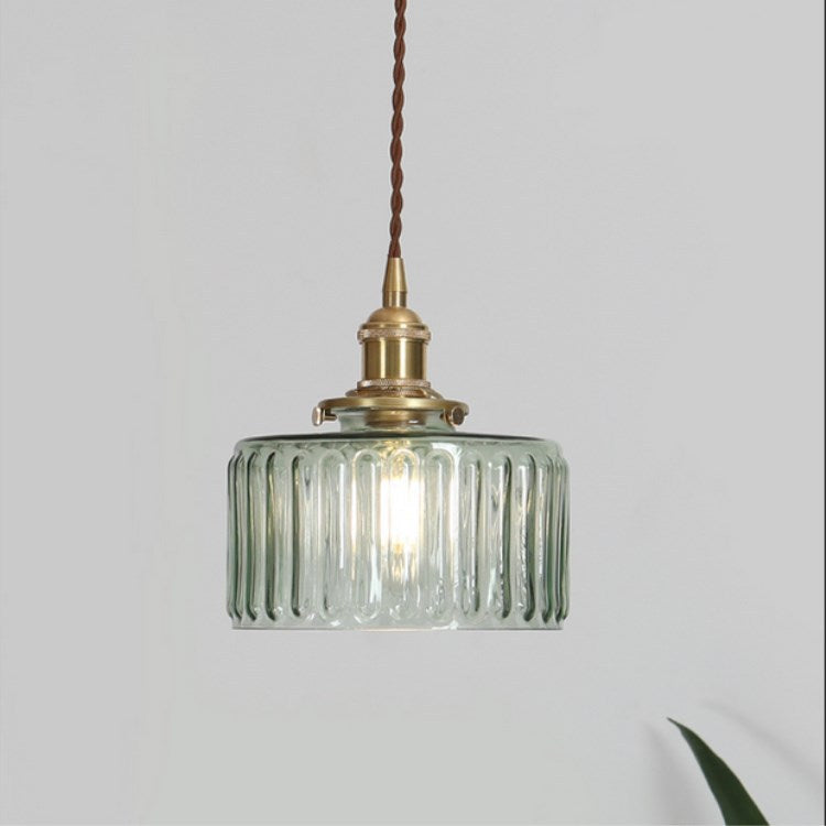 Lampe suspendue japonaise en verre vert et laiton