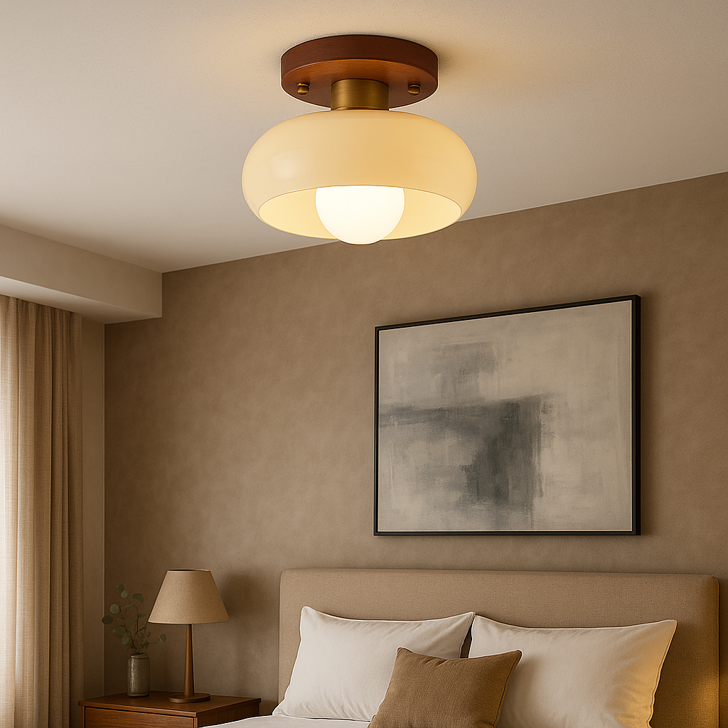 Plafonnier crème avec base en bois