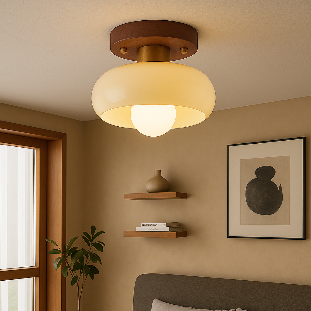 Plafonnier crème avec base en bois