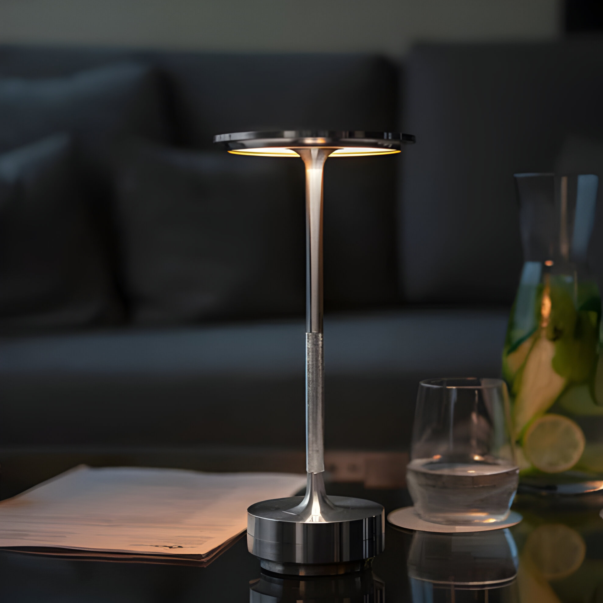 Lampe de table en métal avec abat-jour rond et base cylindrique