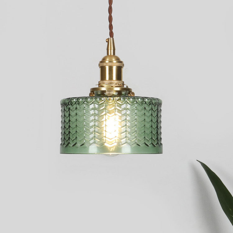 Lampe suspendue japonaise en verre vert et laiton