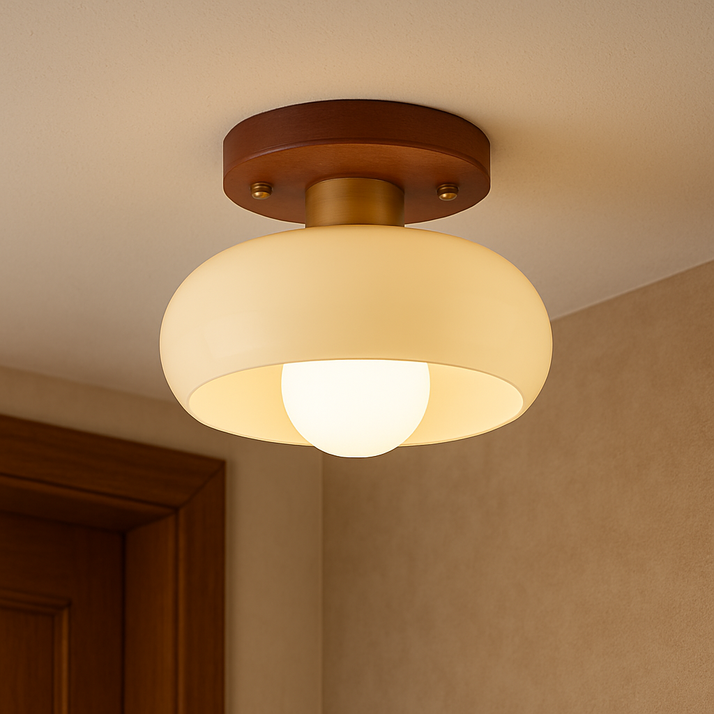 Plafonnier crème avec base en bois