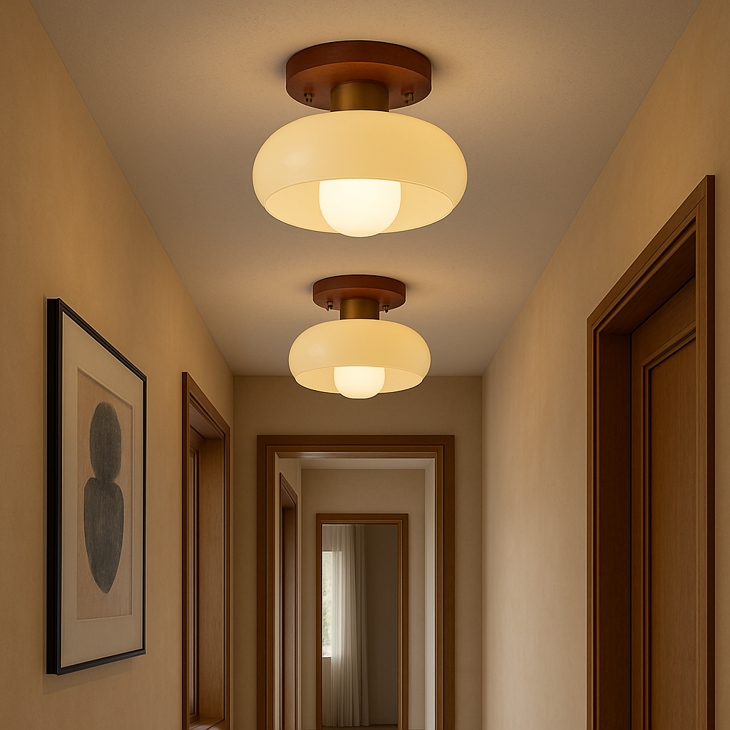 Plafonnier crème avec base en bois