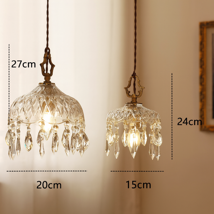 Lampe suspendue vintage en cristal finition laiton